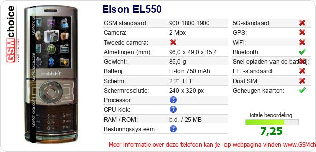 Elson EL550 Technische gegevens Elson EL550 Technische gegevens