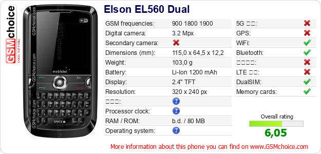Elson EL560 Dual 手機技術數據