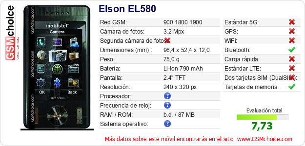 Elson EL580 Datos técnicos del móvil 