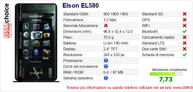 Elson EL580 Dati tecnici di telefono cellulare Elson EL580 Dati tecnici di telefono cellulare