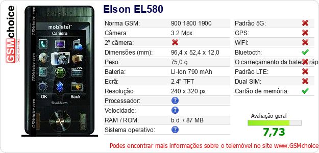 Elson EL580 Especificações técnicas do telemóvel Elson EL580 Especificações técnicas do telemóvel