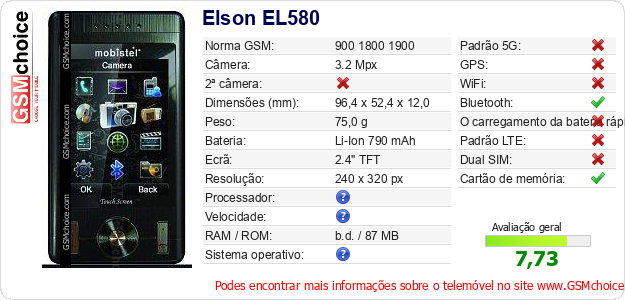 Elson EL580 Especificações técnicas do telemóvel 