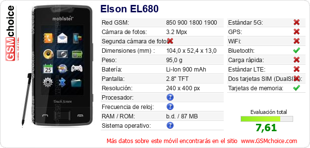 Elson EL680 Datos técnicos del móvil 