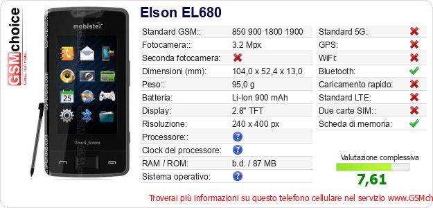 Elson EL680 Dati tecnici di telefono cellulare 