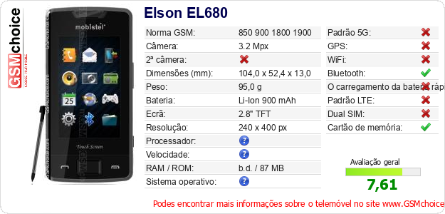 Elson EL680 Especificações técnicas do telemóvel 