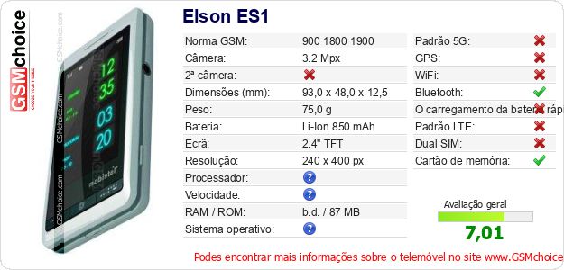 Elson ES1 Especificações técnicas do telemóvel Elson ES1 Especificações técnicas do telemóvel