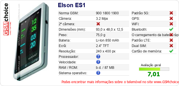 Elson ES1 Especificações técnicas do telemóvel 