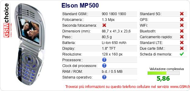 Elson MP500 Dati tecnici di telefono cellulare 