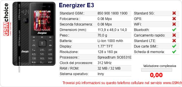 Energizer E3 Dati tecnici di telefono cellulare Energizer E3 Dati tecnici di telefono cellulare
