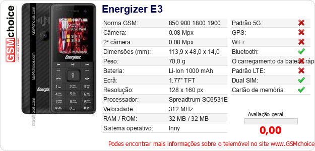 Energizer E3 Especificações técnicas do telemóvel Energizer E3 Especificações técnicas do telemóvel