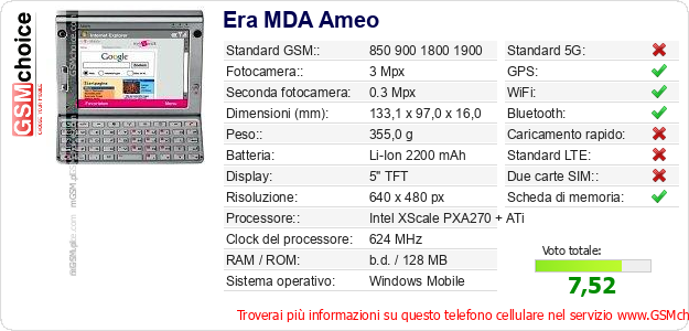 Era MDA Ameo Dati tecnici di telefono cellulare Era MDA Ameo Dati tecnici di telefono cellulare