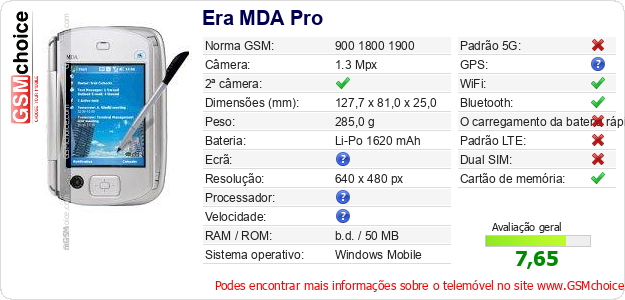 Era MDA Pro Especificações técnicas do telemóvel 