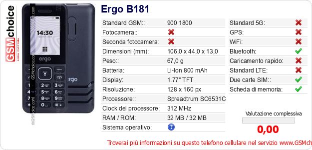 Ergo B181 Dati tecnici di telefono cellulare Ergo B181 Dati tecnici di telefono cellulare