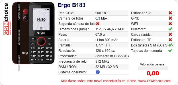 Ergo B183 Datos técnicos del móvil Ergo B183 Datos técnicos del móvil