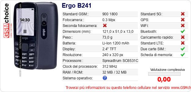 Ergo B241 Dati tecnici di telefono cellulare Ergo B241 Dati tecnici di telefono cellulare