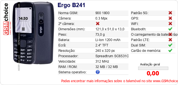 Ergo B241 Especificações técnicas do telemóvel 