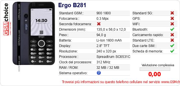 Ergo B281 Dati tecnici di telefono cellulare Ergo B281 Dati tecnici di telefono cellulare