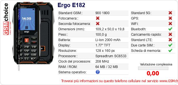 Ergo E182 Dati tecnici di telefono cellulare Ergo E182 Dati tecnici di telefono cellulare