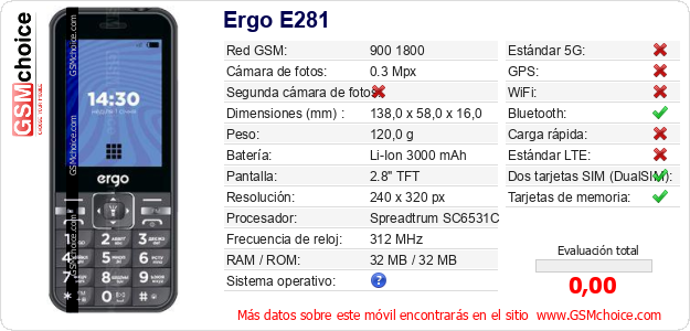 Ergo E281 Datos técnicos del móvil Ergo E281 Datos técnicos del móvil