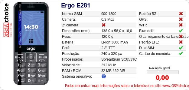 Ergo E281 Especificações técnicas do telemóvel Ergo E281 Especificações técnicas do telemóvel
