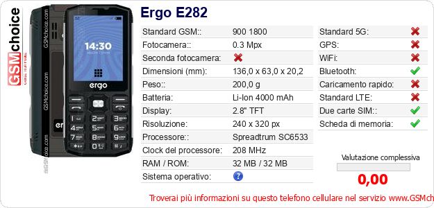 Ergo E282 Dati tecnici di telefono cellulare Ergo E282 Dati tecnici di telefono cellulare