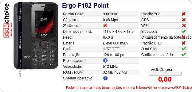 Ergo F182 Point Especificações técnicas do telemóvel Ergo F182 Point Especificações técnicas do telemóvel