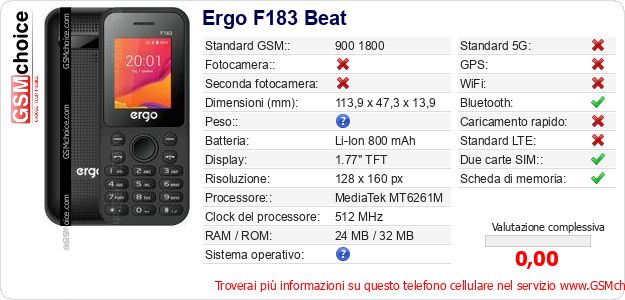 Ergo F183 Beat Dati tecnici di telefono cellulare Ergo F183 Beat Dati tecnici di telefono cellulare