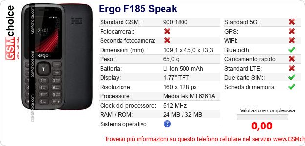 Ergo F185 Speak Dati tecnici di telefono cellulare Ergo F185 Speak Dati tecnici di telefono cellulare