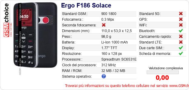 Ergo F186 Solace Dati tecnici di telefono cellulare Ergo F186 Solace Dati tecnici di telefono cellulare