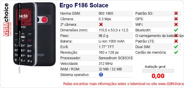 Ergo F186 Solace Especificações técnicas do telemóvel Ergo F186 Solace Especificações técnicas do telemóvel