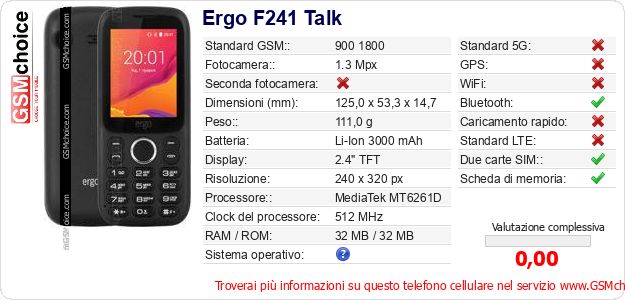 Ergo F241 Talk Dati tecnici di telefono cellulare Ergo F241 Talk Dati tecnici di telefono cellulare