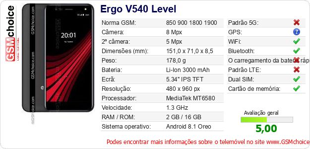 Ergo V540 Level Especificações técnicas do telemóvel 