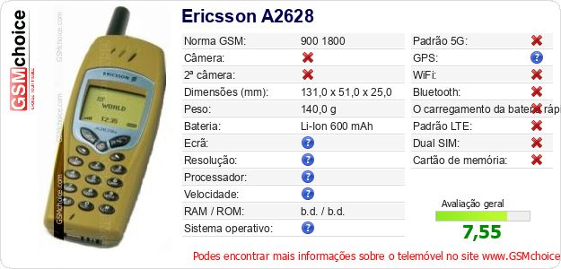Ericsson A2628 Especificações técnicas do telemóvel 