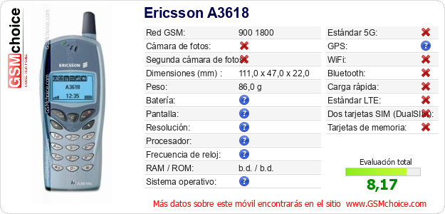 Ericsson A3618 Datos técnicos del móvil Ericsson A3618 Datos técnicos del móvil