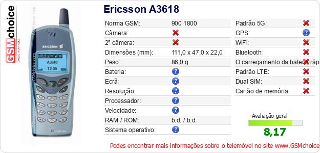 Ericsson A3618 Especificações técnicas do telemóvel 