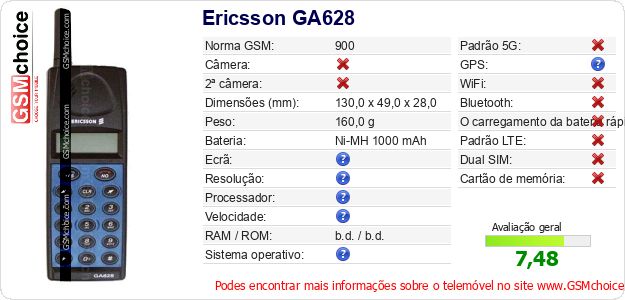 Ericsson GA628 Especificações técnicas do telemóvel Ericsson GA628 Especificações técnicas do telemóvel