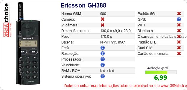 Ericsson GH388 Especificações técnicas do telemóvel Ericsson GH388 Especificações técnicas do telemóvel