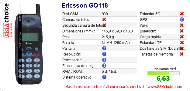 Ericsson GO118 Datos técnicos del móvil Ericsson GO118 Datos técnicos del móvil