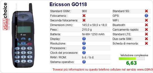 Ericsson GO118 Dati tecnici di telefono cellulare Ericsson GO118 Dati tecnici di telefono cellulare