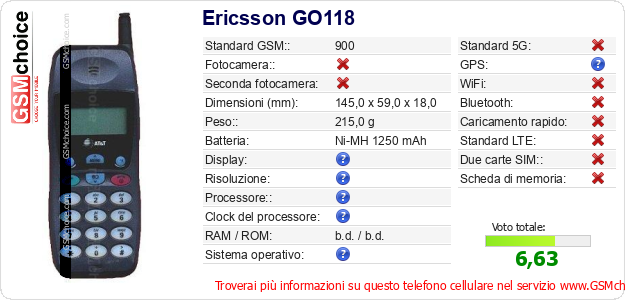 Ericsson GO118 Dati tecnici di telefono cellulare Ericsson GO118 Dati tecnici di telefono cellulare