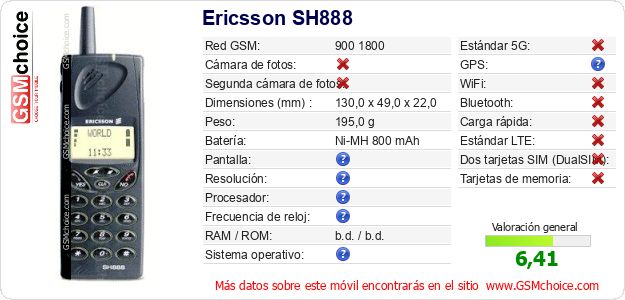 Ericsson SH888 Datos técnicos del móvil Ericsson SH888 Datos técnicos del móvil