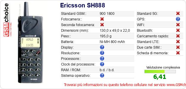Ericsson SH888 Dati tecnici di telefono cellulare Ericsson SH888 Dati tecnici di telefono cellulare
