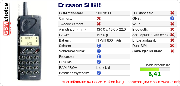 Ericsson SH888 Technische gegevens Ericsson SH888 Technische gegevens