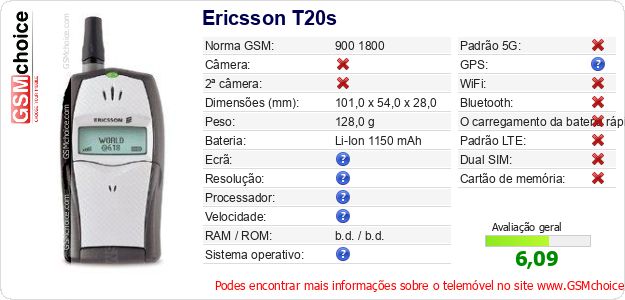 Ericsson T20s Especificações técnicas do telemóvel Ericsson T20s Especificações técnicas do telemóvel