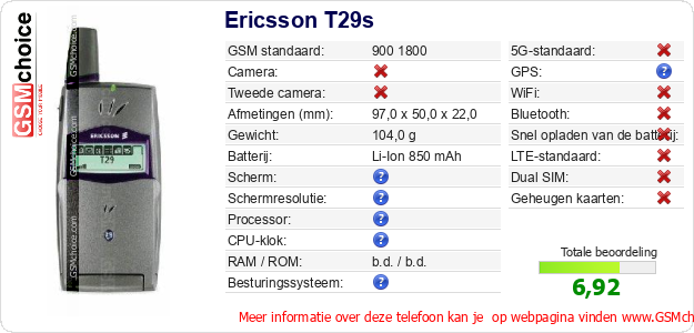 Ericsson T29s Technische gegevens Ericsson T29s Technische gegevens