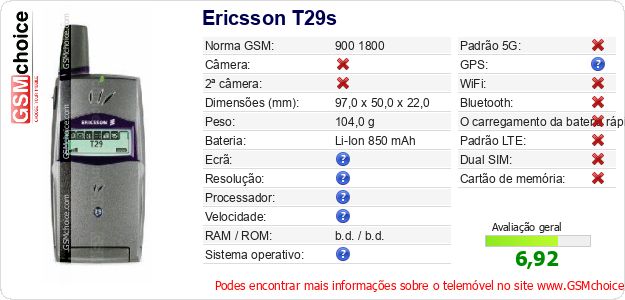 Ericsson T29s Especificações técnicas do telemóvel Ericsson T29s Especificações técnicas do telemóvel