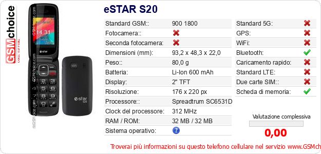 eSTAR S20 Dati tecnici di telefono cellulare 