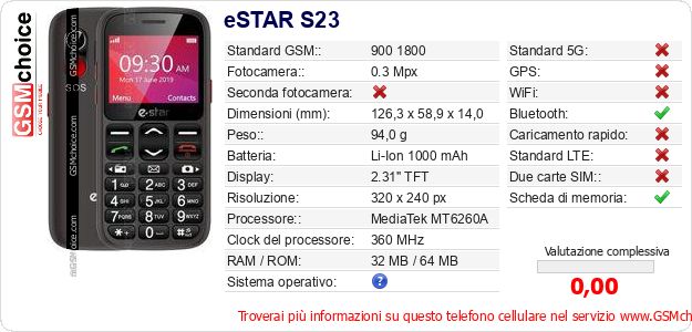 eSTAR S23 Dati tecnici di telefono cellulare eSTAR S23 Dati tecnici di telefono cellulare