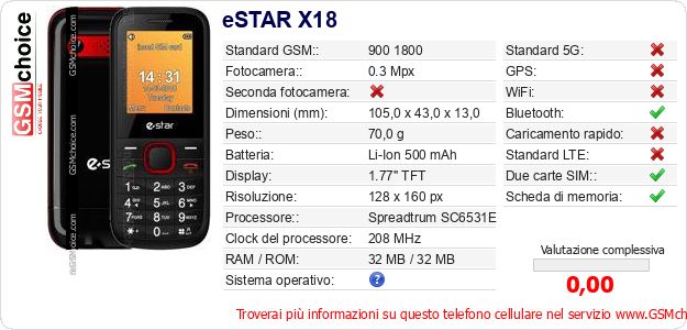 eSTAR X18 Dati tecnici di telefono cellulare eSTAR X18 Dati tecnici di telefono cellulare