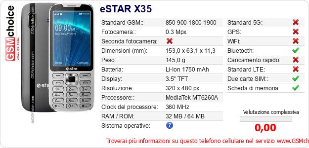eSTAR X35 Dati tecnici di telefono cellulare eSTAR X35 Dati tecnici di telefono cellulare